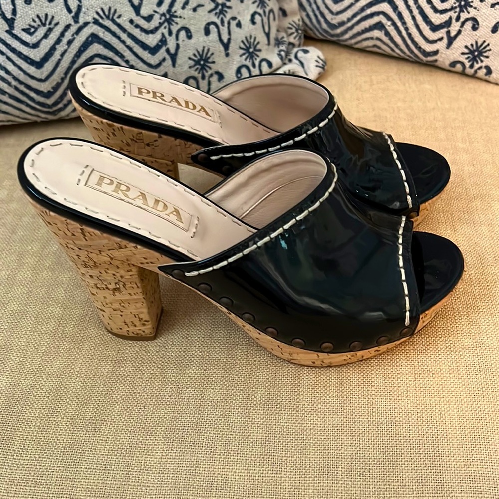 Prada Black Patent Leather Cork Platform Heeled Mules